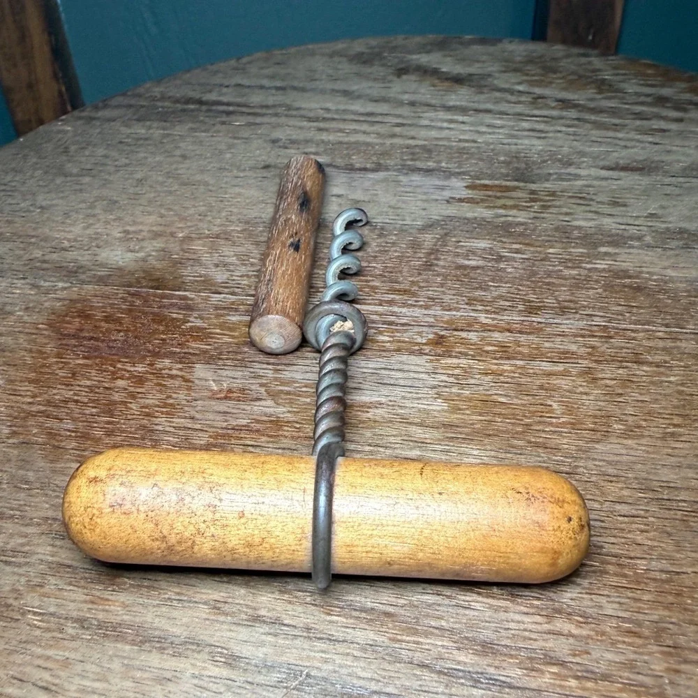 Antique Primitive Wooden T Handle Corkscrew with Sheath Twisted Wire Steel Worm